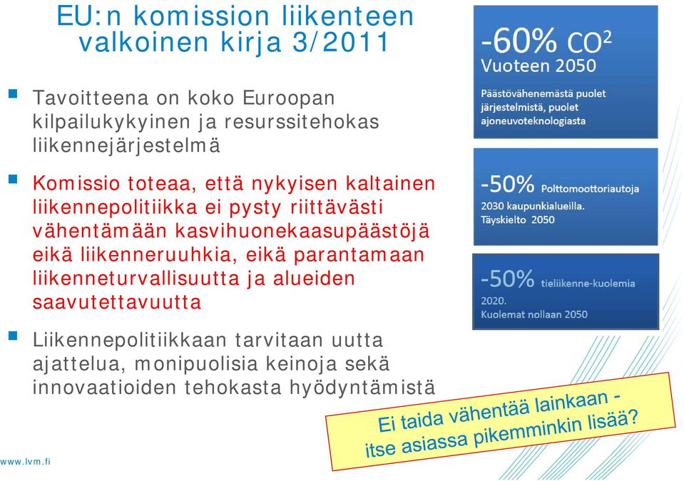 kasvihuonekaasupäästöjä eikä liikenneruuhkia, eikä parantamaan liikenneturvallisuutta ja alueiden