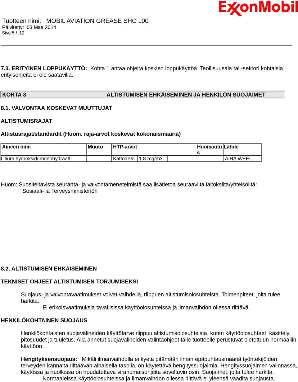 raja-arvot koskevat kokonaismääriä) Aineen nimi Muoto HTP-arvot Huomautu Lähde s Litium hydroksidi monohydraatti Kattoarvo 1.