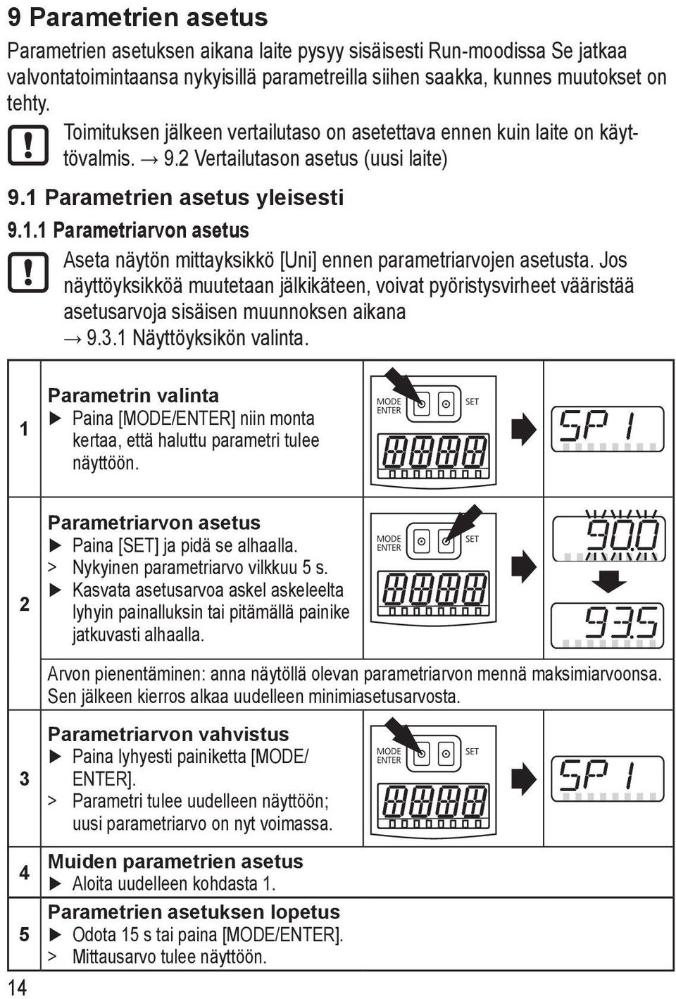 Parametrien asetus yleisesti 9.1.1 Parametriarvon asetus Aseta näytön mittayksikkö [Uni] ennen parametriarvojen asetusta.