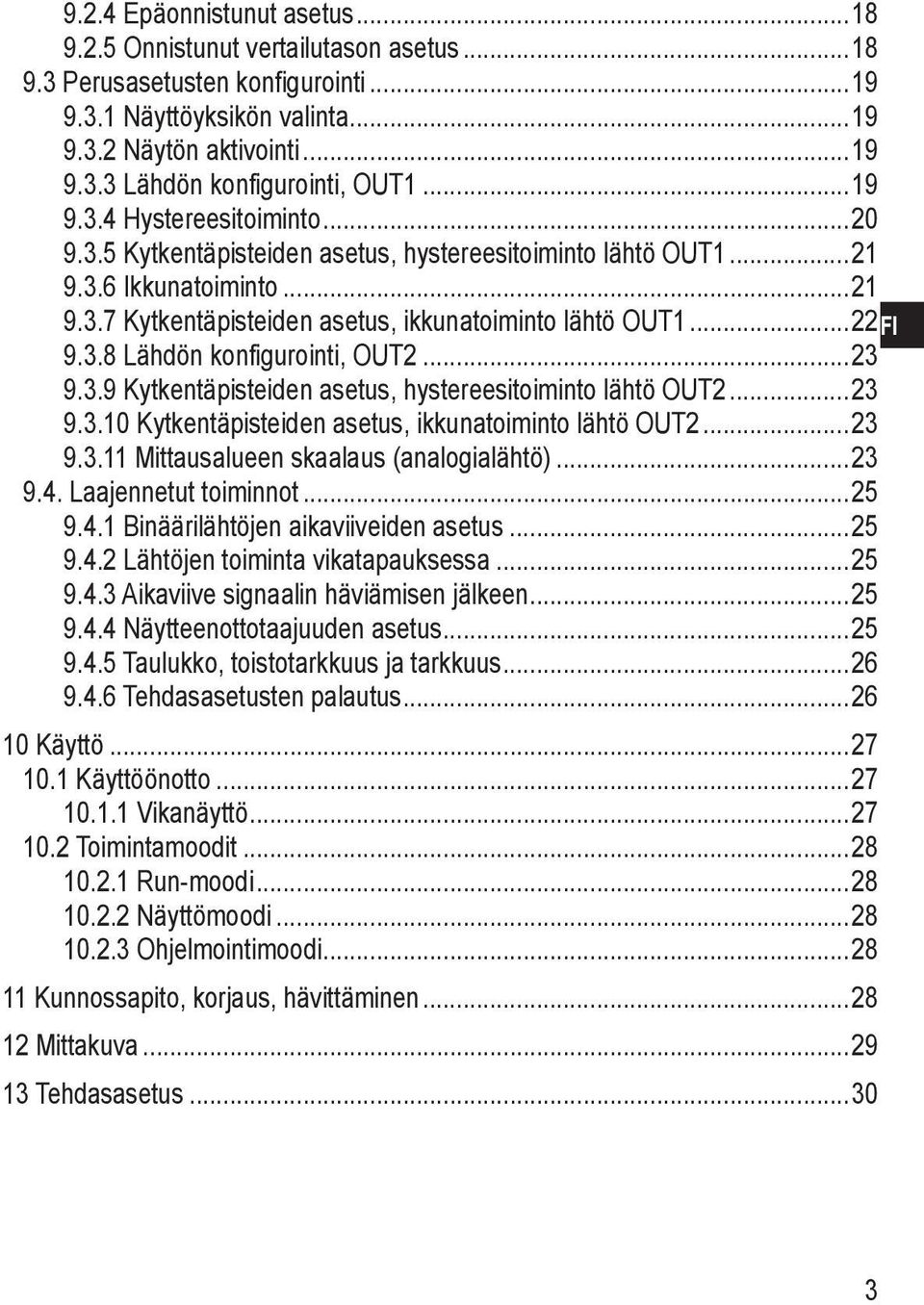 3.9 Kytkentäpisteiden asetus, hystereesitoiminto lähtö OUT2 23 9.3.10 Kytkentäpisteiden asetus, ikkunatoiminto lähtö OUT2 23 9.3.11 Mittausalueen skaalaus (analogialähtö) 23 9.4.