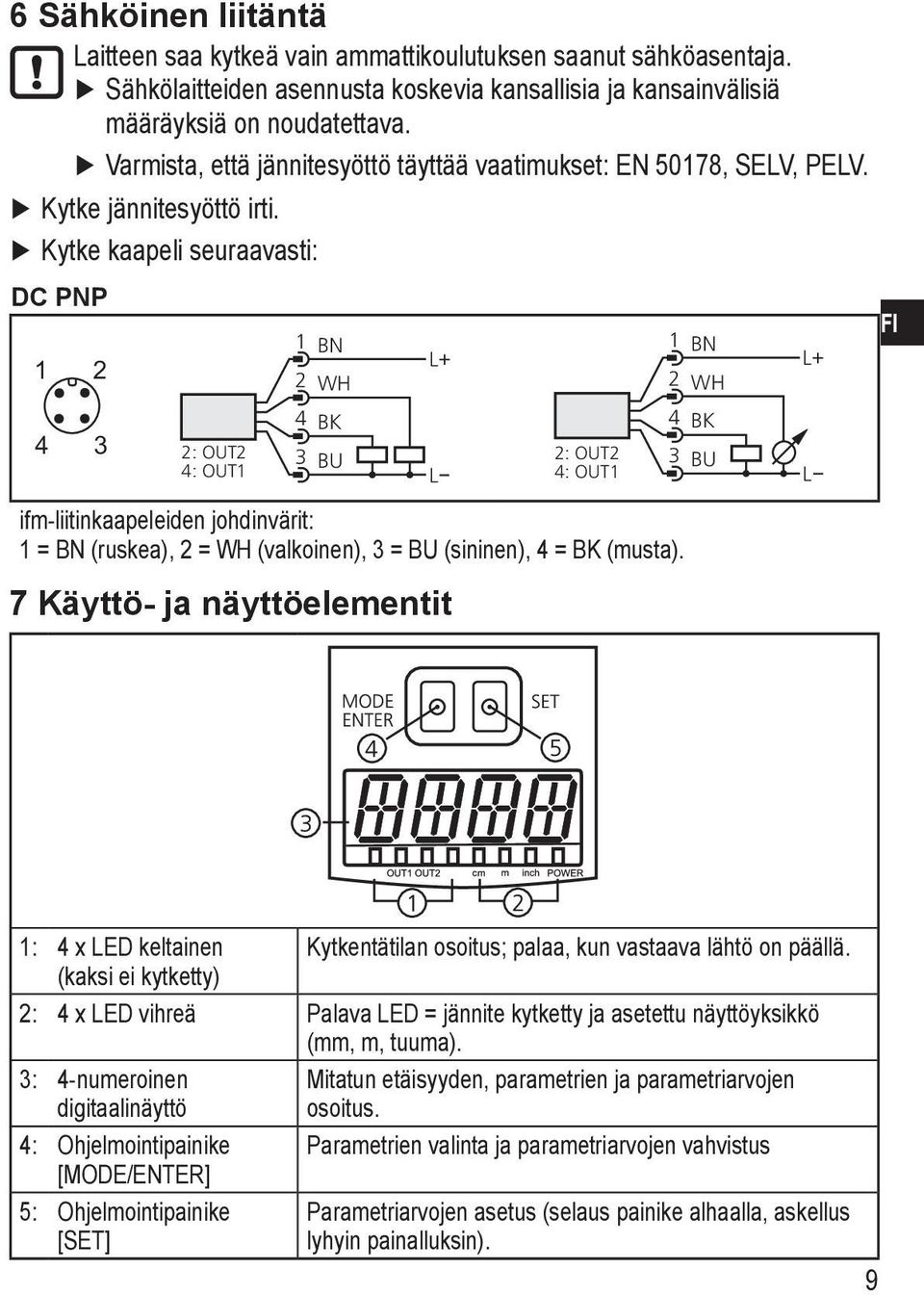 Kytke kaapeli seuraavasti: DC PNP FI ifm-liitinkaapeleiden johdinvärit: 1 = BN (ruskea), 2 = WH (valkoinen), 3 = BU (sininen), 4 = BK (musta).