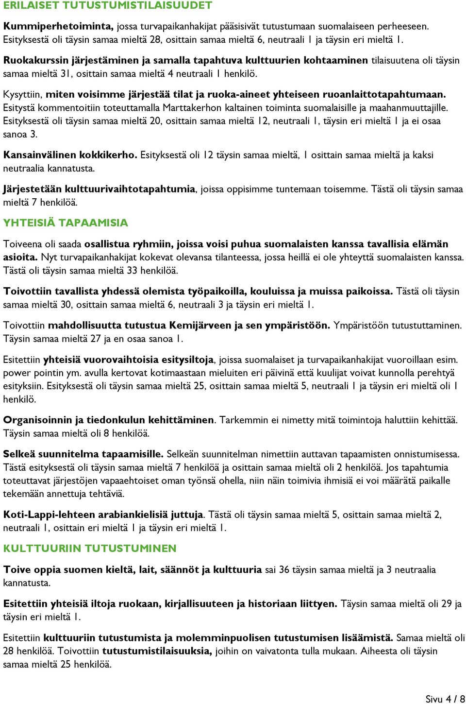 Ruokakurssin järjestäminen ja samalla tapahtuva kulttuurien kohtaaminen tilaisuutena oli täysin samaa mieltä 31, osittain samaa mieltä 4 neutraali 1 henkilö.