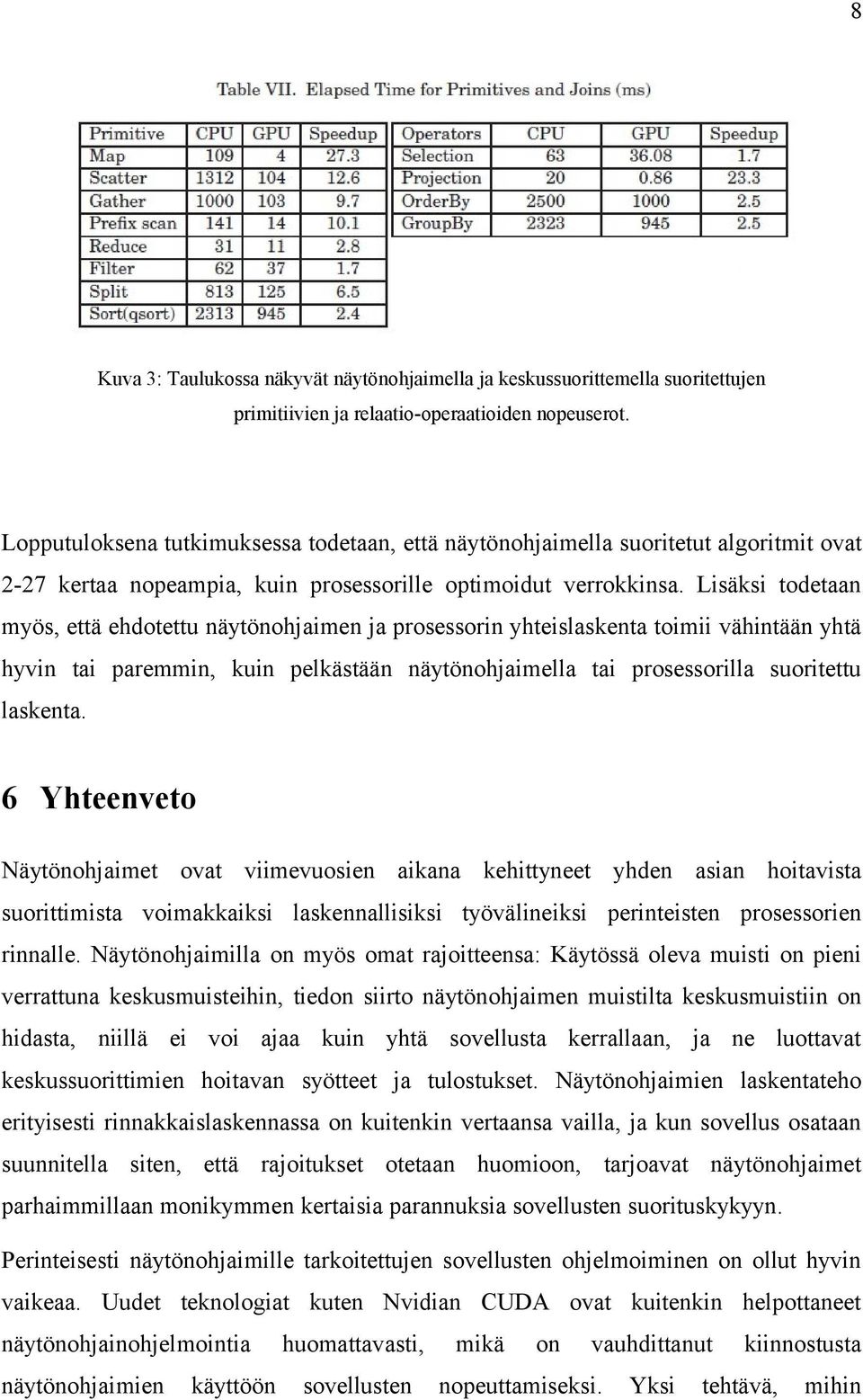 Lisäksi todetaan myös, että ehdotettu näytönohjaimen ja prosessorin yhteislaskenta toimii vähintään yhtä hyvin tai paremmin, kuin pelkästään näytönohjaimella tai prosessorilla suoritettu laskenta.