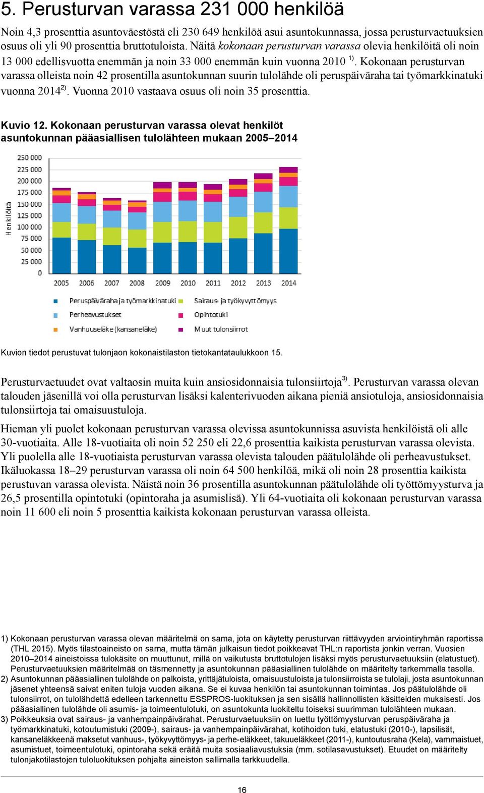 Kokonaan perusturvan varassa olleista noin 42 prosentilla asuntokunnan suurin tulolähde oli peruspäiväraha tai työmarkkinatuki vuonna 2014 2). Vuonna 2010 vastaava osuus oli noin 35 prosenttia.