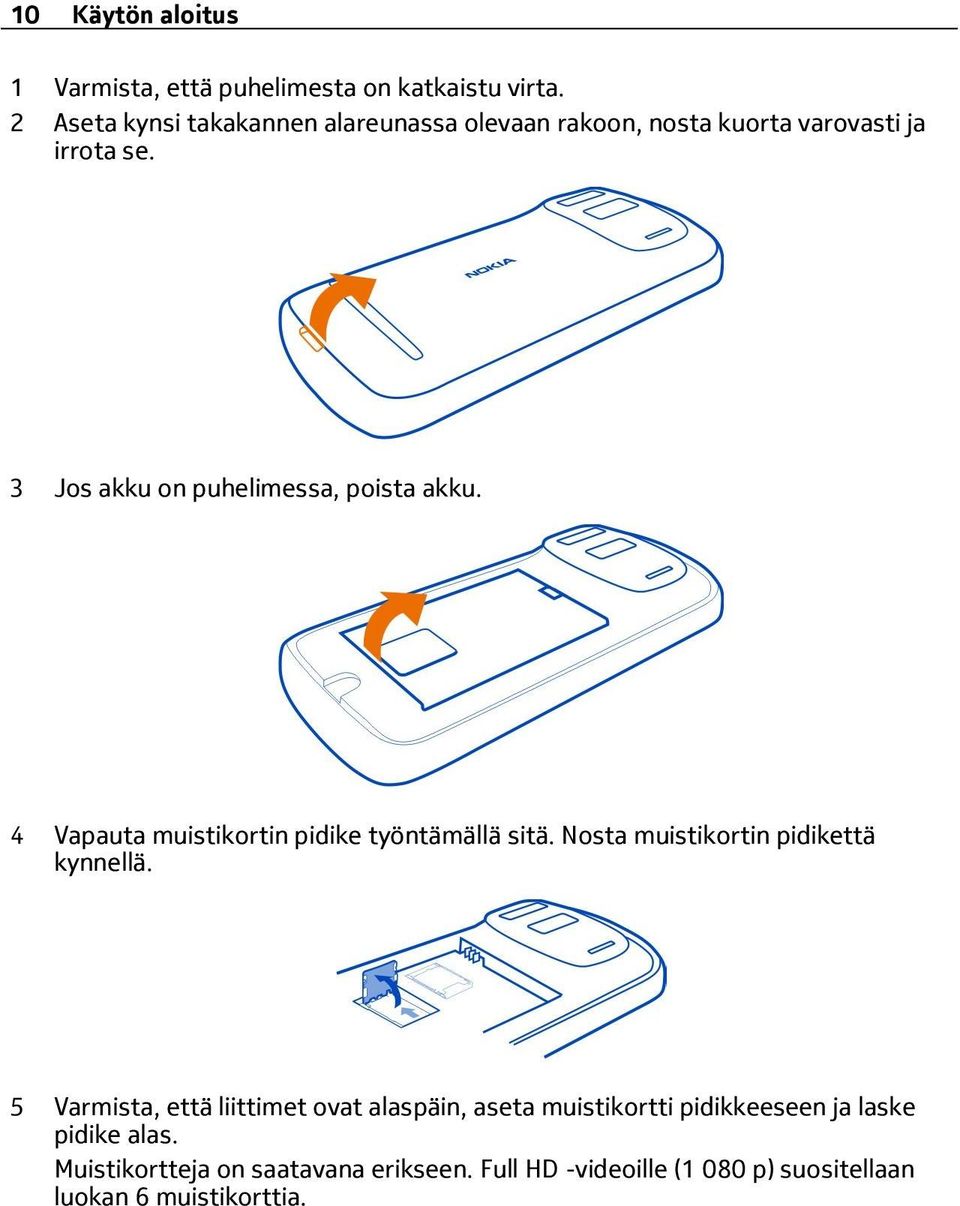 3 Jos akku on puhelimessa, poista akku. 4 Vapauta muistikortin pidike työntämällä sitä.