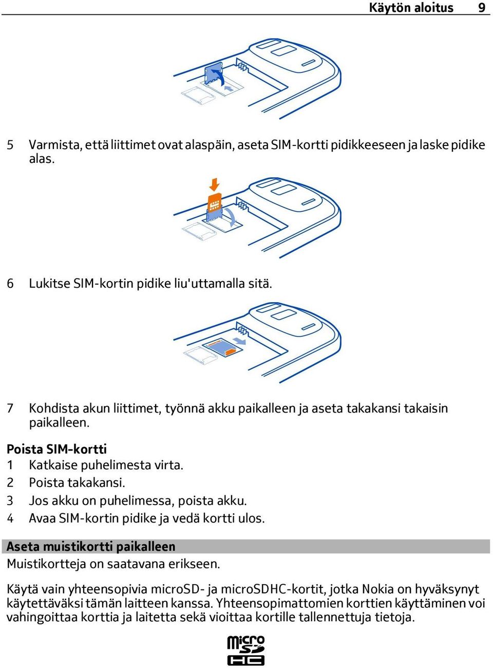 3 Jos akku on puhelimessa, poista akku. 4 Avaa SIM-kortin pidike ja vedä kortti ulos. Aseta muistikortti paikalleen Muistikortteja on saatavana erikseen.