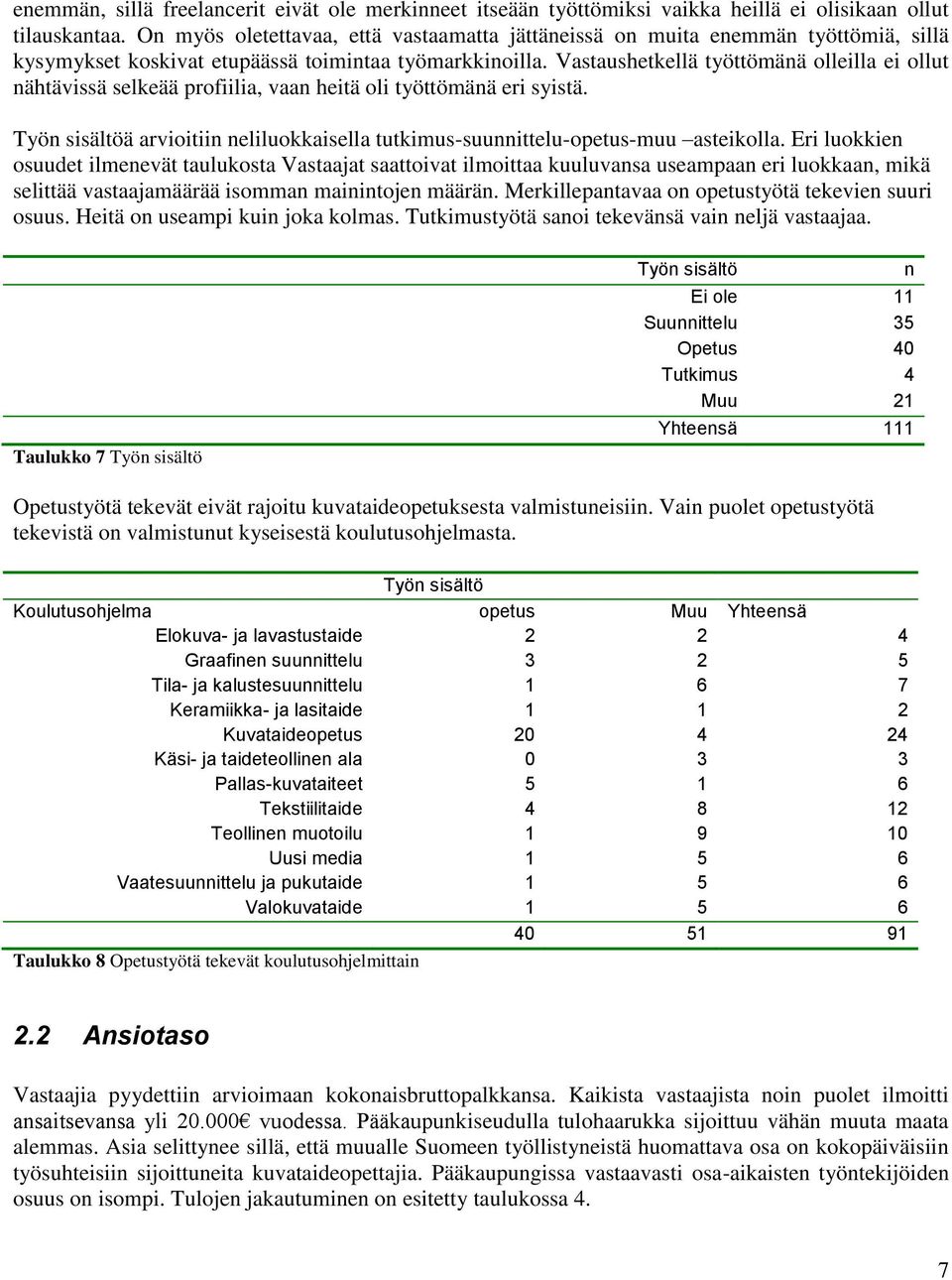 Vastaushetkellä työttömänä olleilla ei ollut nähtävissä selkeää profiilia, vaan heitä oli työttömänä eri syistä. Työn sisältöä arvioitiin neliluokkaisella tutkimus-suunnittelu-opetus-muu asteikolla.