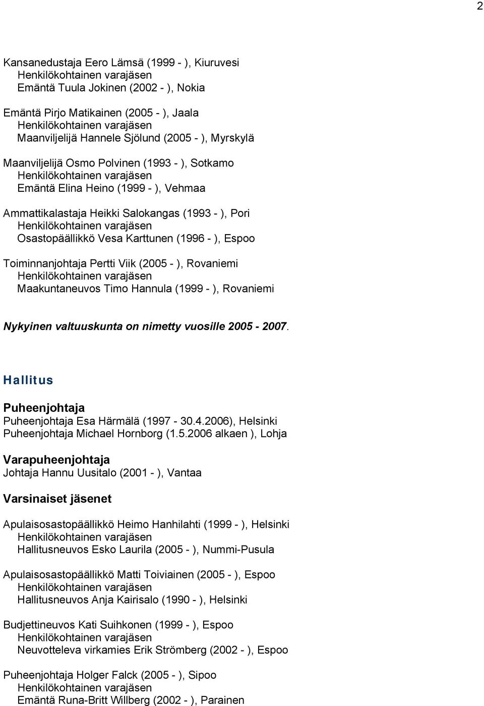 - ), Rovaniemi Maakuntaneuvos Timo Hannula (1999 - ), Rovaniemi Nykyinen valtuuskunta on nimetty vuosille 2005-