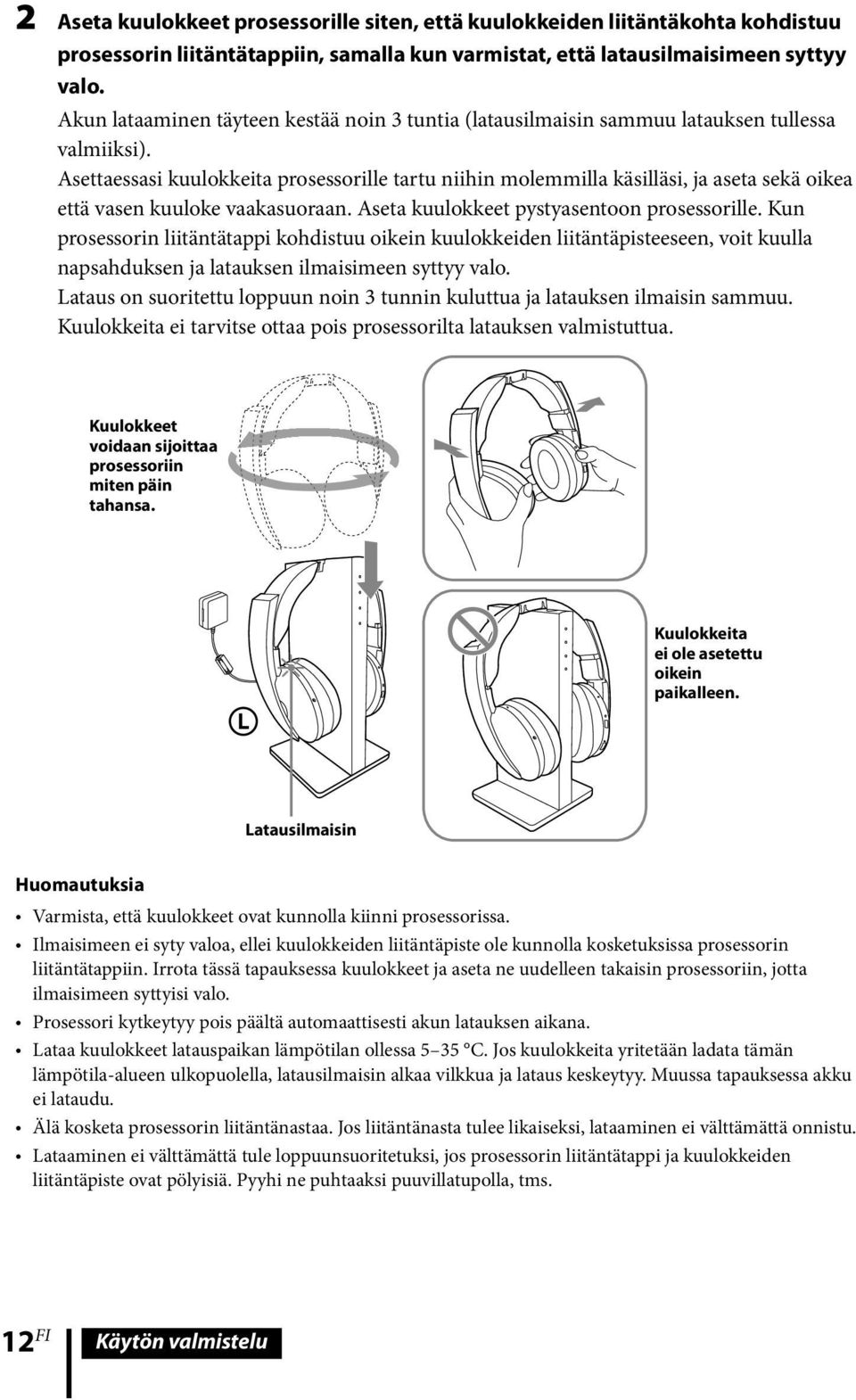 Asettaessasi kuulokkeita prosessorille tartu niihin molemmilla käsilläsi, ja aseta sekä oikea että vasen kuuloke vaakasuoraan. Aseta kuulokkeet pystyasentoon prosessorille.