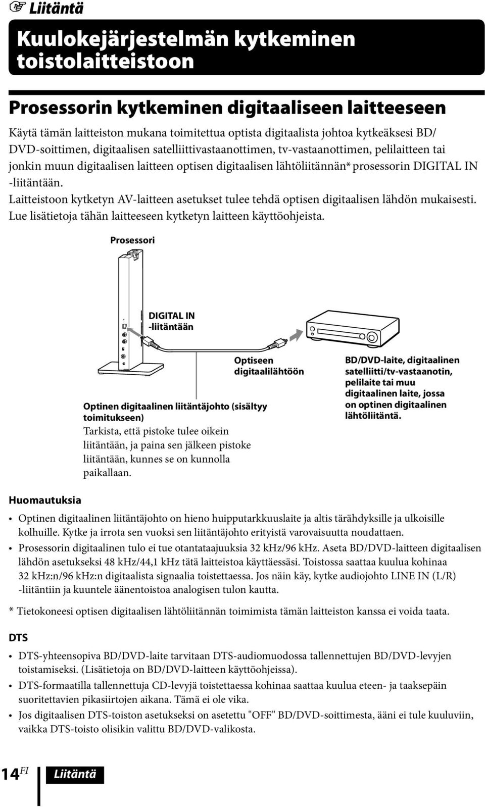 Laitteistoon kytketyn AV-laitteen asetukset tulee tehdä optisen digitaalisen lähdön mukaisesti. Lue lisätietoja tähän laitteeseen kytketyn laitteen käyttöohjeista.