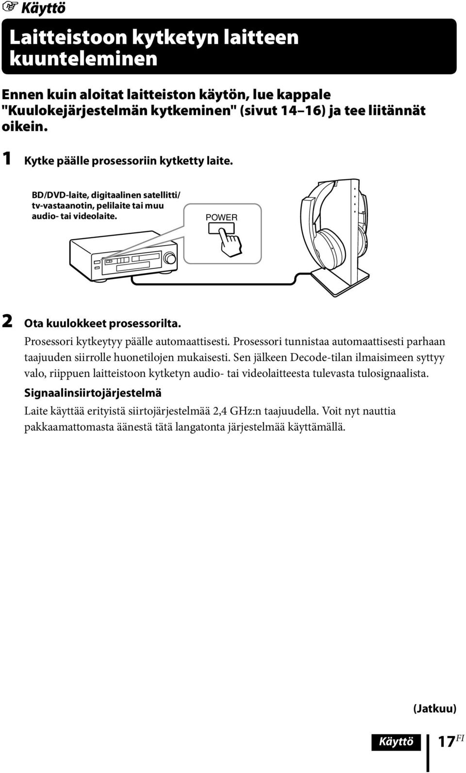 Prosessori kytkeytyy päälle automaattisesti. Prosessori tunnistaa automaattisesti parhaan taajuuden siirrolle huonetilojen mukaisesti.