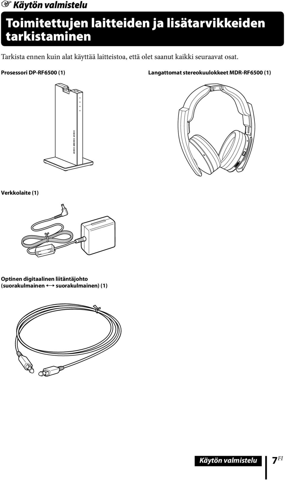 Prosessori DP-RF6500 (1) Langattomat stereokuulokkeet MDR-RF6500 (1) Verkkolaite (1)