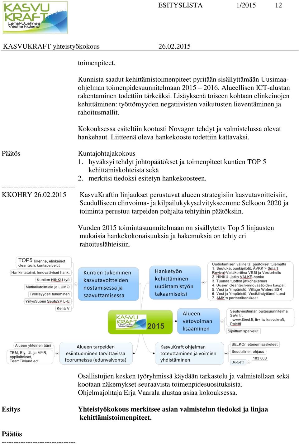 Kokouksessa esiteltiin kootusti Novagon tehdyt ja valmistelussa olevat hankehaut. Liitteenä oleva hankekooste todettiin kattavaksi. Kuntajohtajakokous 1.