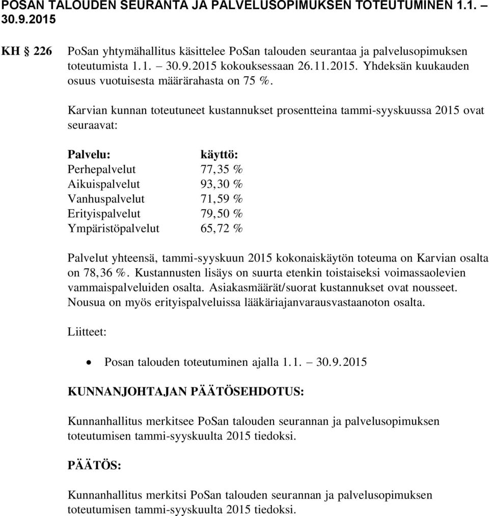 Karvian kunnan toteutuneet kustannukset prosentteina tammi-syyskuussa 2015 ovat seuraavat: Palvelu: käyttö: Perhepalvelut 77,35 % Aikuispalvelut 93,30 % Vanhuspalvelut 71,59 % Erityispalvelut 79,50 %