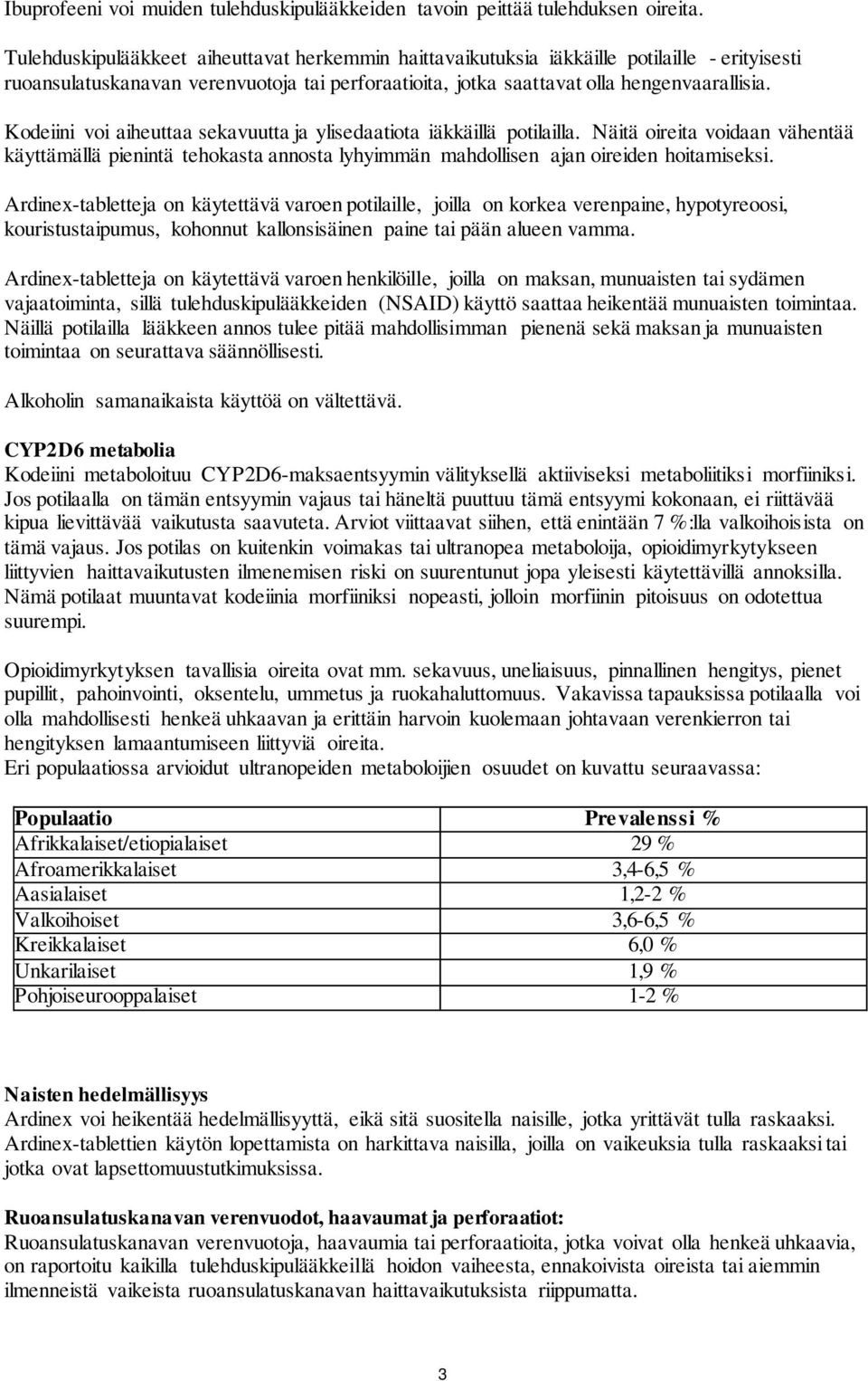 Kodeiini voi aiheuttaa sekavuutta ja ylisedaatiota iäkkäillä potilailla. Näitä oireita voidaan vähentää käyttämällä pienintä tehokasta annosta lyhyimmän mahdollisen ajan oireiden hoitamiseksi.