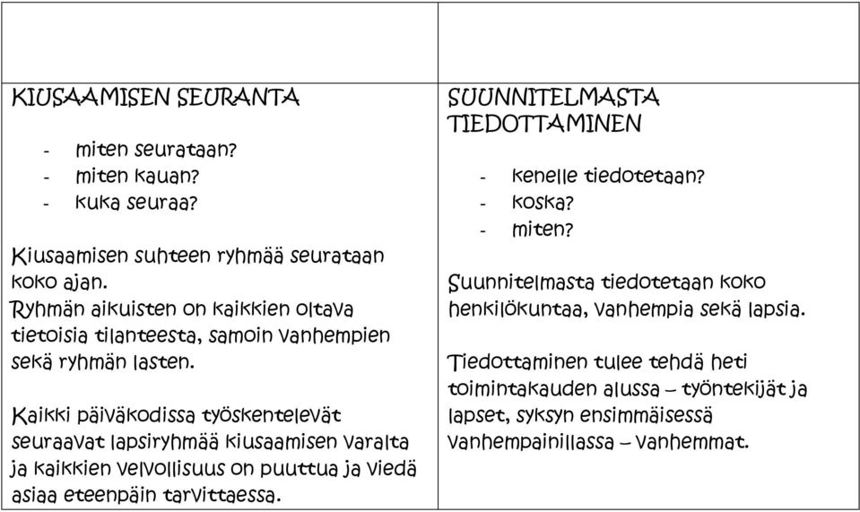 Kaikki päiväkodissa työskentelevät seuraavat lapsiryhmää kiusaamisen varalta ja kaikkien velvollisuus on puuttua ja viedä asiaa eteenpäin tarvittaessa.