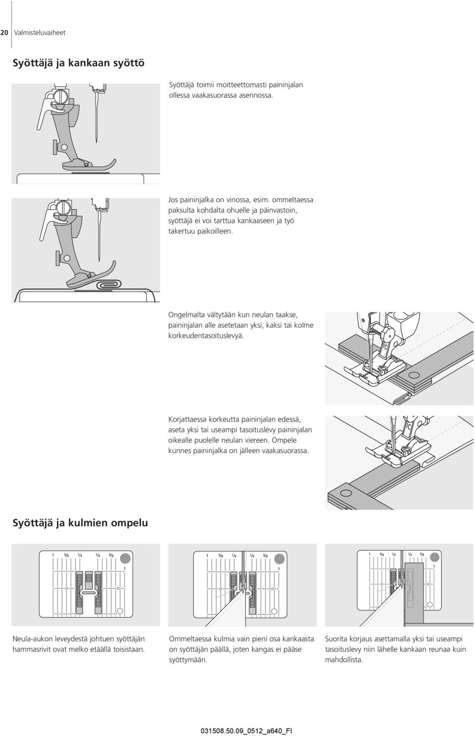 Ongelmalta vältytään kun neulan taakse, paininjalan alle asetetaan yksi, kaksi tai kolme korkeudentasoituslevyä.