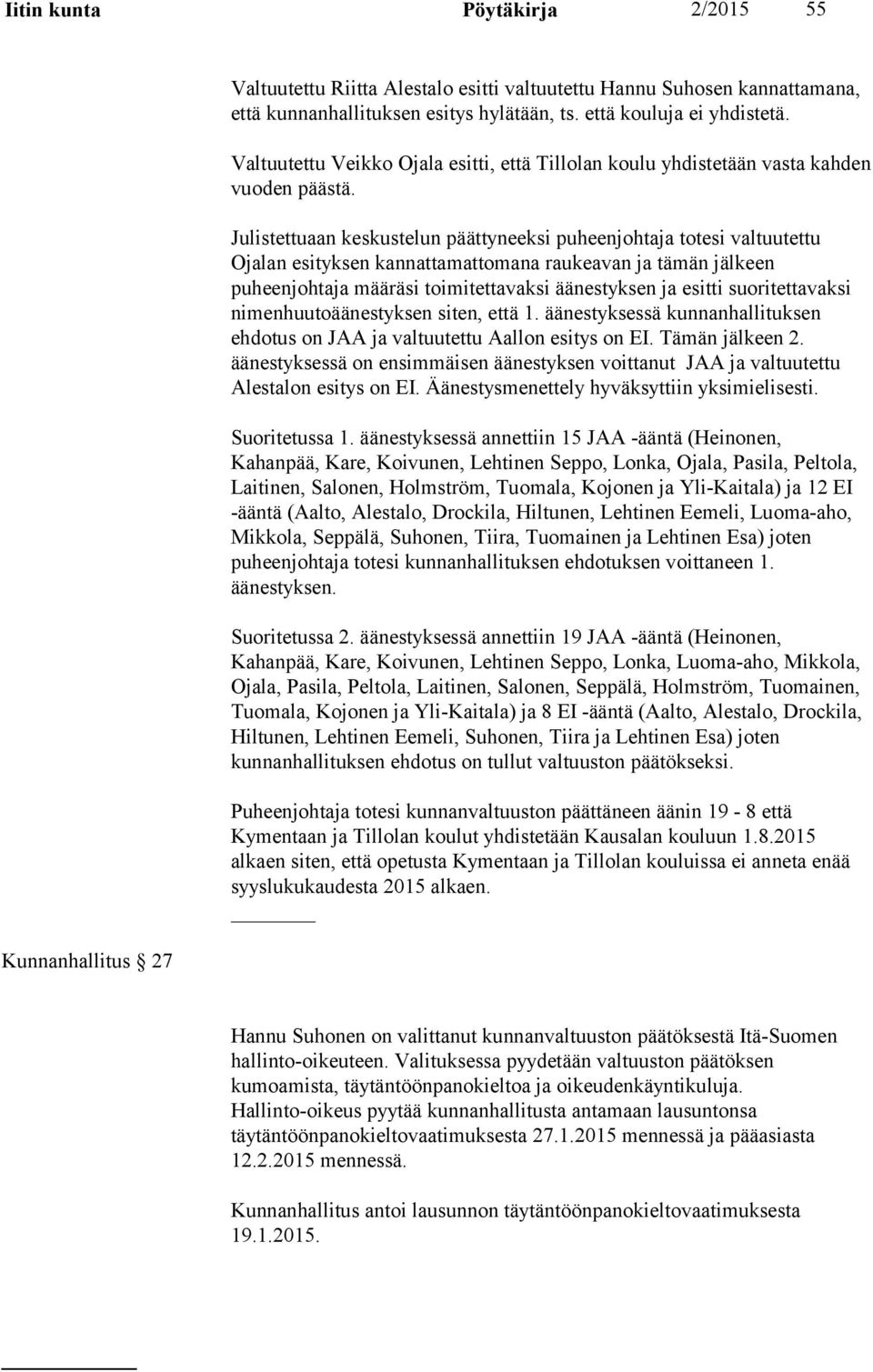 Julistettuaan keskustelun päättyneeksi puheenjohtaja totesi valtuutettu Ojalan esityksen kannattamattomana raukeavan ja tämän jälkeen puheenjohtaja määräsi toimitettavaksi äänestyksen ja esitti