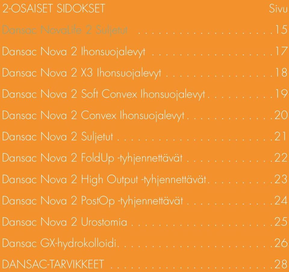 ..19 Dansac Nova 2 Convex Ihonsuojalevyt...20 Dansac Nova 2 Suljetut...21 Dansac Nova 2 FoldUp -tyhjennettävät.