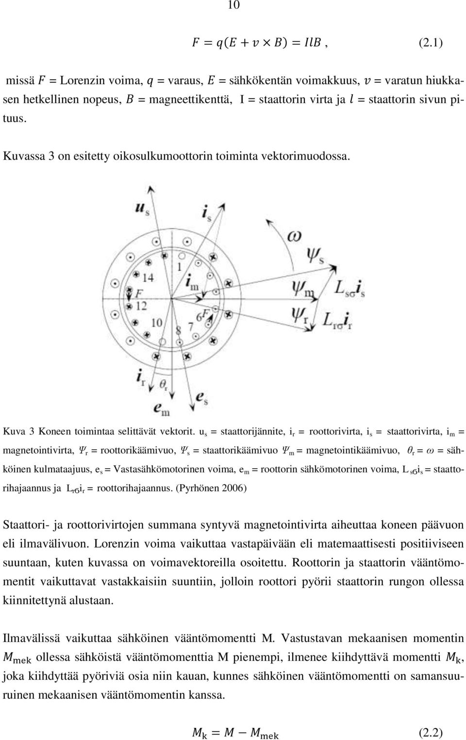 Kuvassa 3 on esitetty oikosulkumoottorin toiminta vektorimuodossa. Kuva 3 Koneen toimintaa selittävät vektorit.