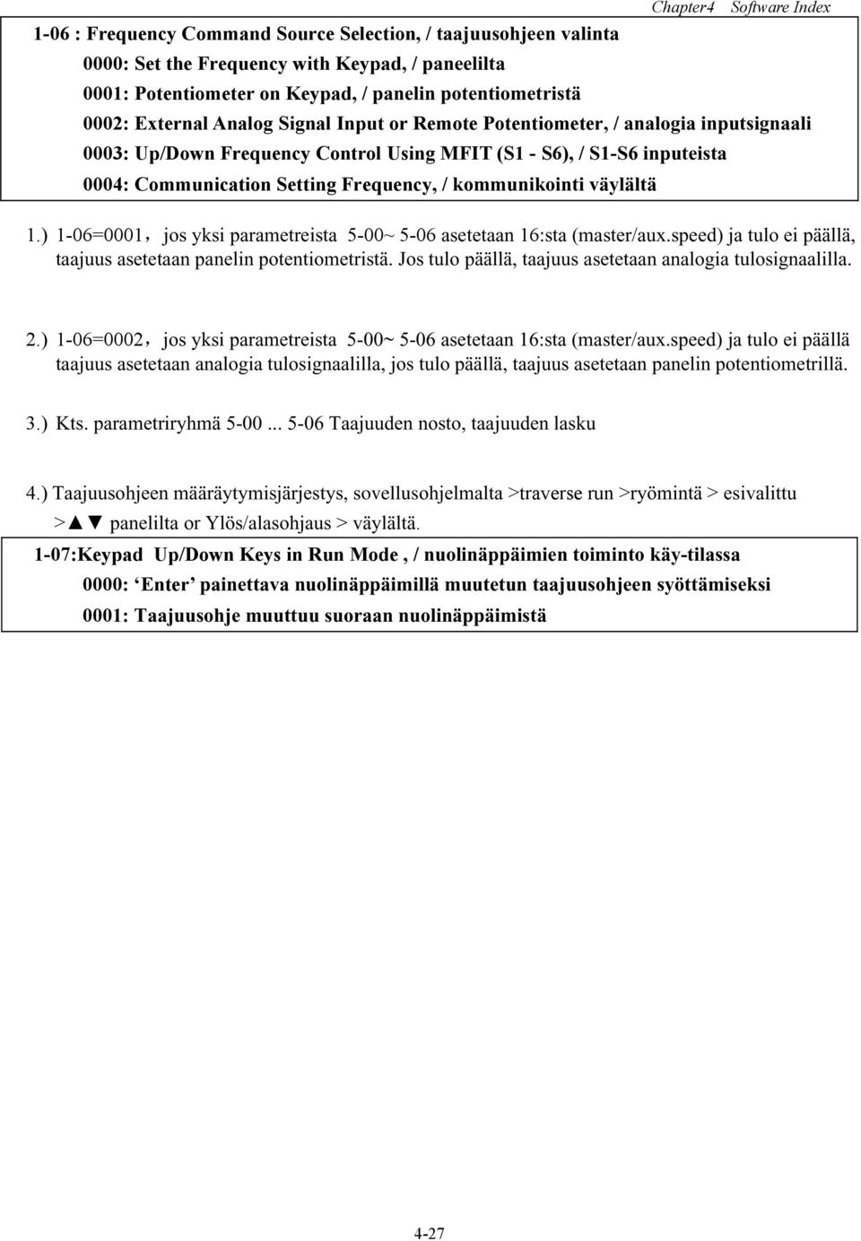 1.) 1-06=0001,jos yksi parametreista 5-00~ 5-06 asetetaan 16:sta (master/aux.speed) ja tulo ei päällä, taajuus asetetaan panelin potentiometristä.