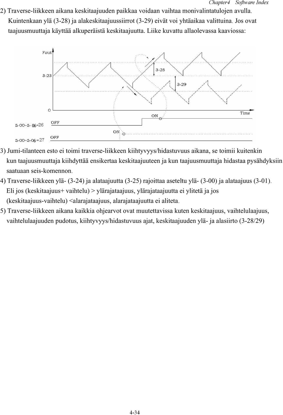 Liike kuvattu allaolevassa kaaviossa: 3) Jumi-tilanteen esto ei toimi traverse-liikkeen kiihtyvyys/hidastuvuus aikana, se toimii kuitenkin kun taajuusmuuttaja kiihdyttää ensikertaa keskitaajuuteen ja