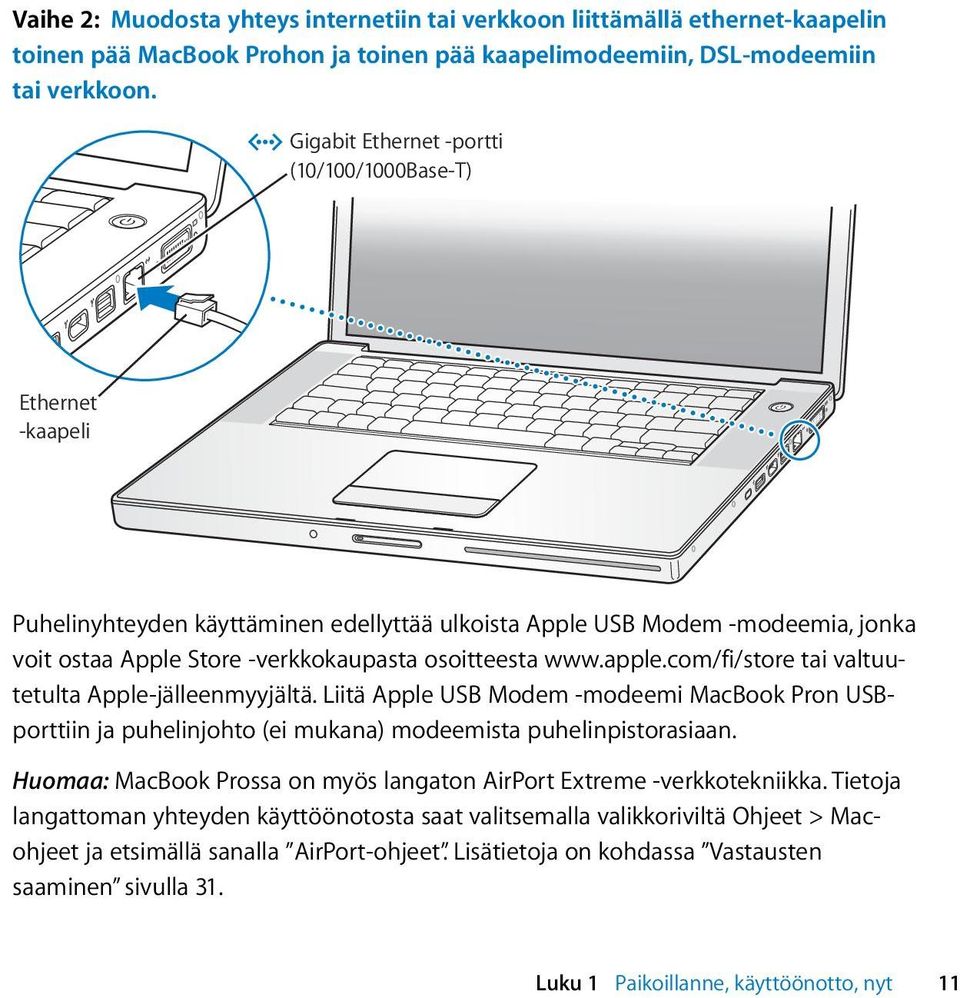 www.apple.com/fi/store tai valtuutetulta Apple-jälleenmyyjältä. Liitä Apple USB Modem -modeemi MacBook Pron USBporttiin ja puhelinjohto (ei mukana) modeemista puhelinpistorasiaan.