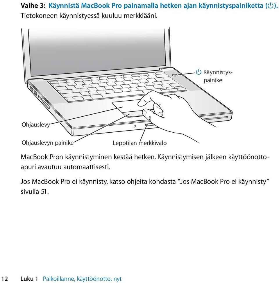 Käynnistyspainike Ohjauslevy Ohjauslevyn painike Lepotilan merkkivalo MacBook Pron käynnistyminen kestää