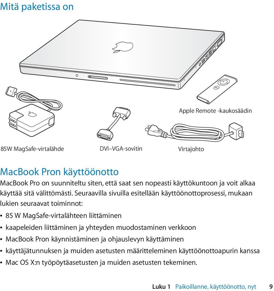 Seuraavilla sivuilla esitellään käyttöönottoprosessi, mukaan lukien seuraavat toiminnot: Â 85 W MagSafe-virtalähteen liittäminen Â kaapeleiden liittäminen ja yhteyden