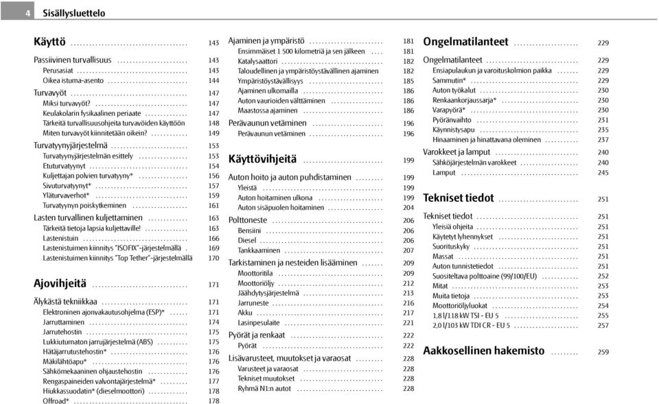 ............. Tärkeitä turvallisuusohjeita turvavöiden käyttöön Miten turvavyöt kiinnitetään oikein?............ Turvatyynyjärjestelmä......................... Turvatyynyjärjestelmän esittely.