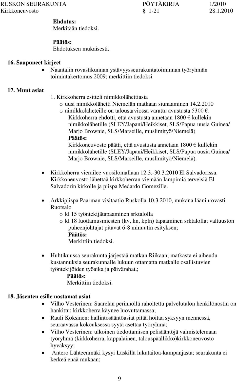 Kirkkoherra ehdotti, että avustusta annetaan 1800 kullekin nimikkolähetille (SLEY/Japani/Heikkiset, SLS/Papua uusia Guinea/ Marjo Brownie, SLS/Marseille, muslimityö/niemelä) Kirkkoneuvosto päätti,