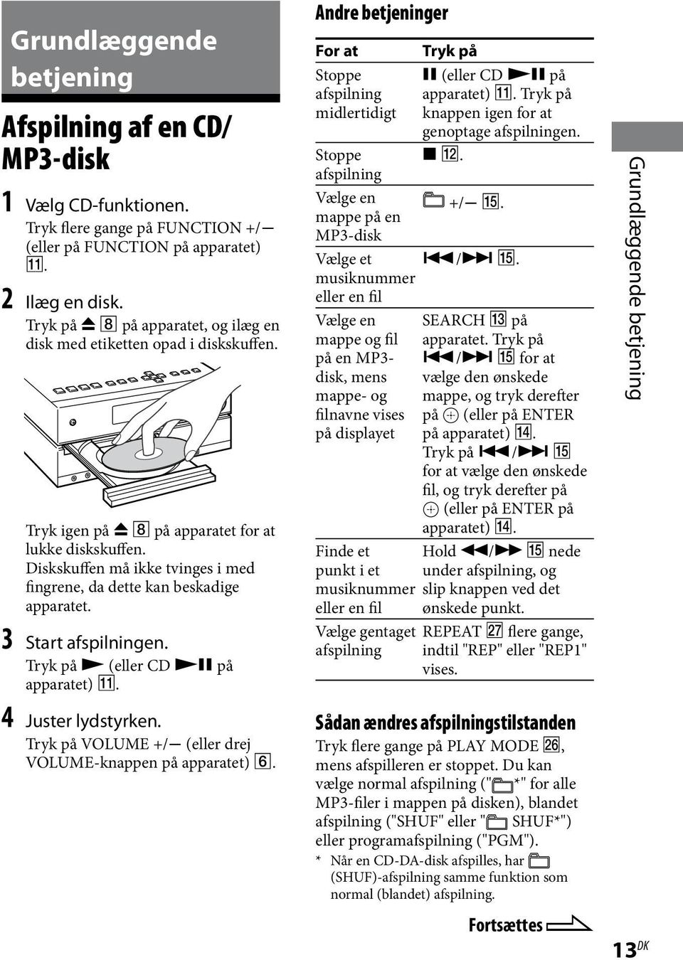 Diskskuffen må ikke tvinges i med fingrene, da dette kan beskadige apparatet. 3 Start afspilningen. Tryk på (eller CD på apparatet). 4 Juster lydstyrken.