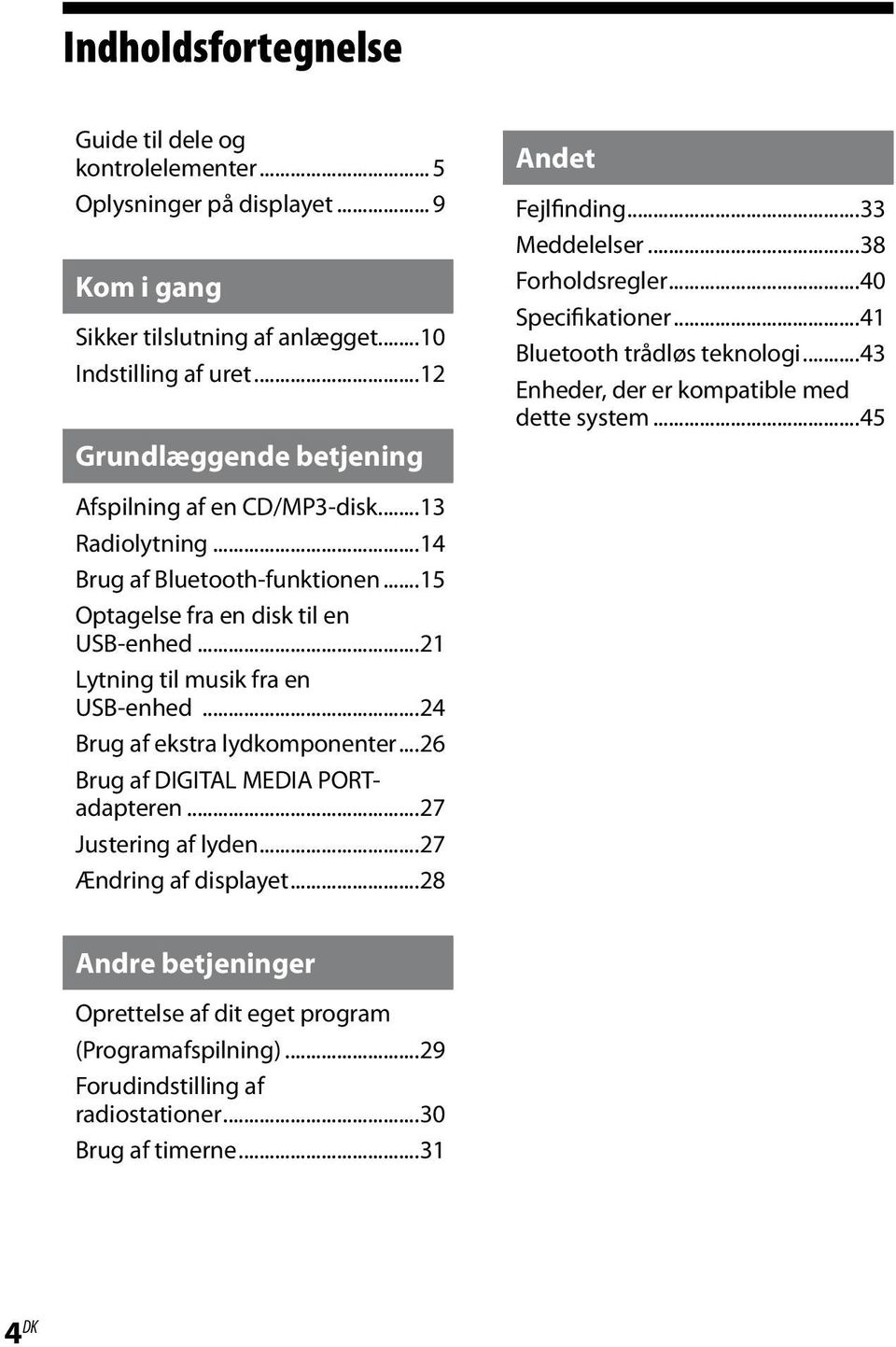 ..24 Brug af ekstra lydkomponenter...26 Brug af DIGITAL MEDIA PORTadapteren...27 Justering af lyden...27 Ændring af displayet...28 Andet Fejlfinding...33 Meddelelser...38 Forholdsregler.