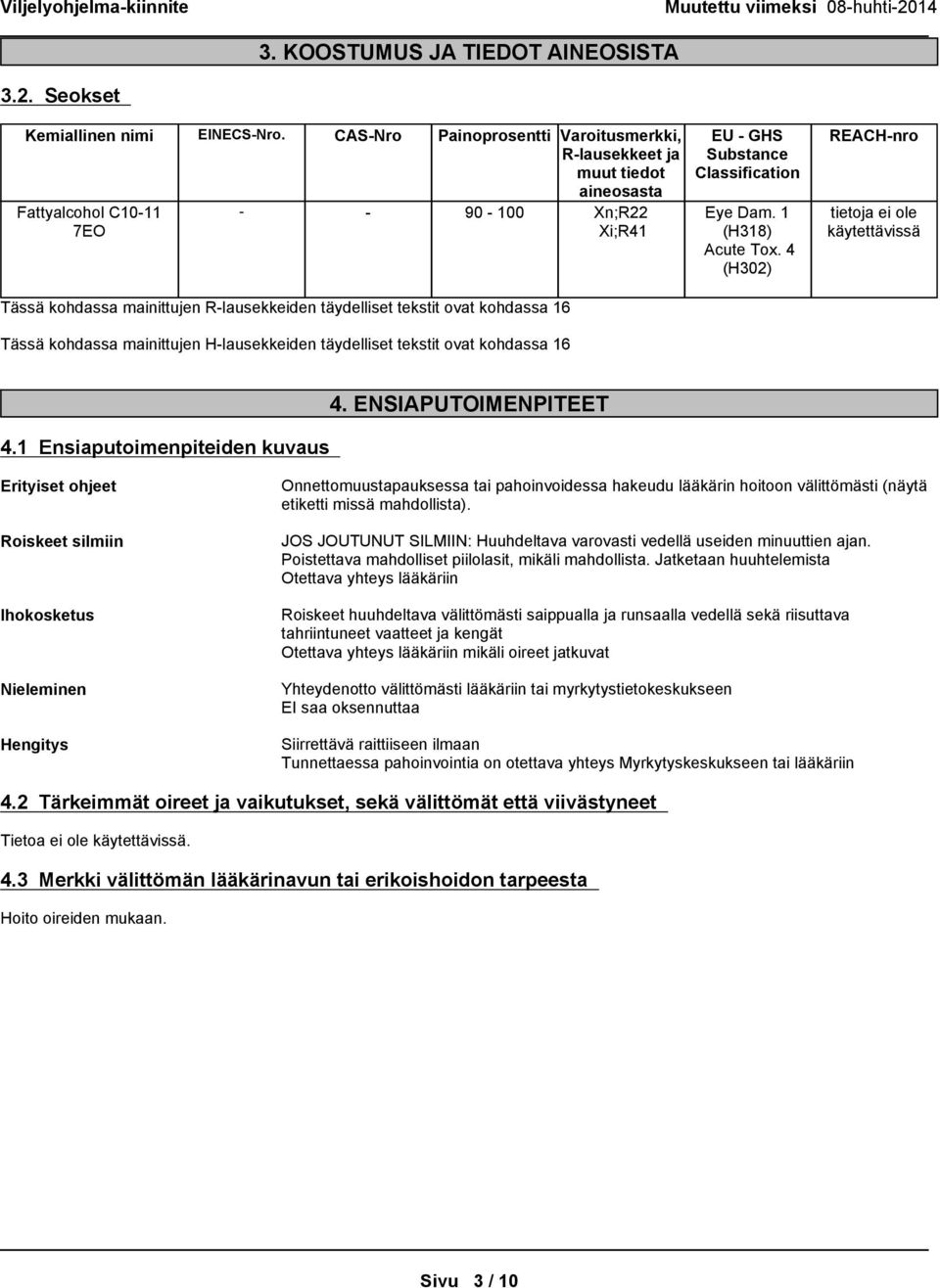 kohdassa 16 Tässä kohdassa mainittujen H-lausekkeiden täydelliset tekstit ovat kohdassa 16 EU - GHS Substance Classification Eye Dam. 1 (H318) Acute Tox.
