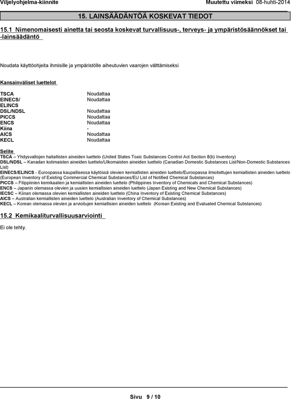 Kansainväliset luettelot TSCA EINECS/ ELINCS DSL/NDSL PICCS ENCS Kiina - AICS KECL Selite TSCA Yhdysvaltojenhaitalistenaineidenluetelo(UnitedStatesToxicSubstancesControlActSection8(b)Inventory)