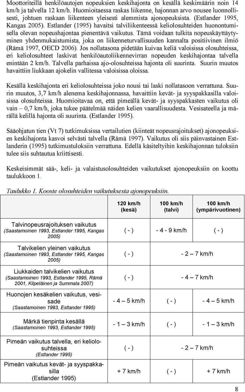 Estlander (1995) havaitsi talviliikenteessä keliolosuhteiden huonontumisella olevan nopeushajontaa pienentävä vaikutus.