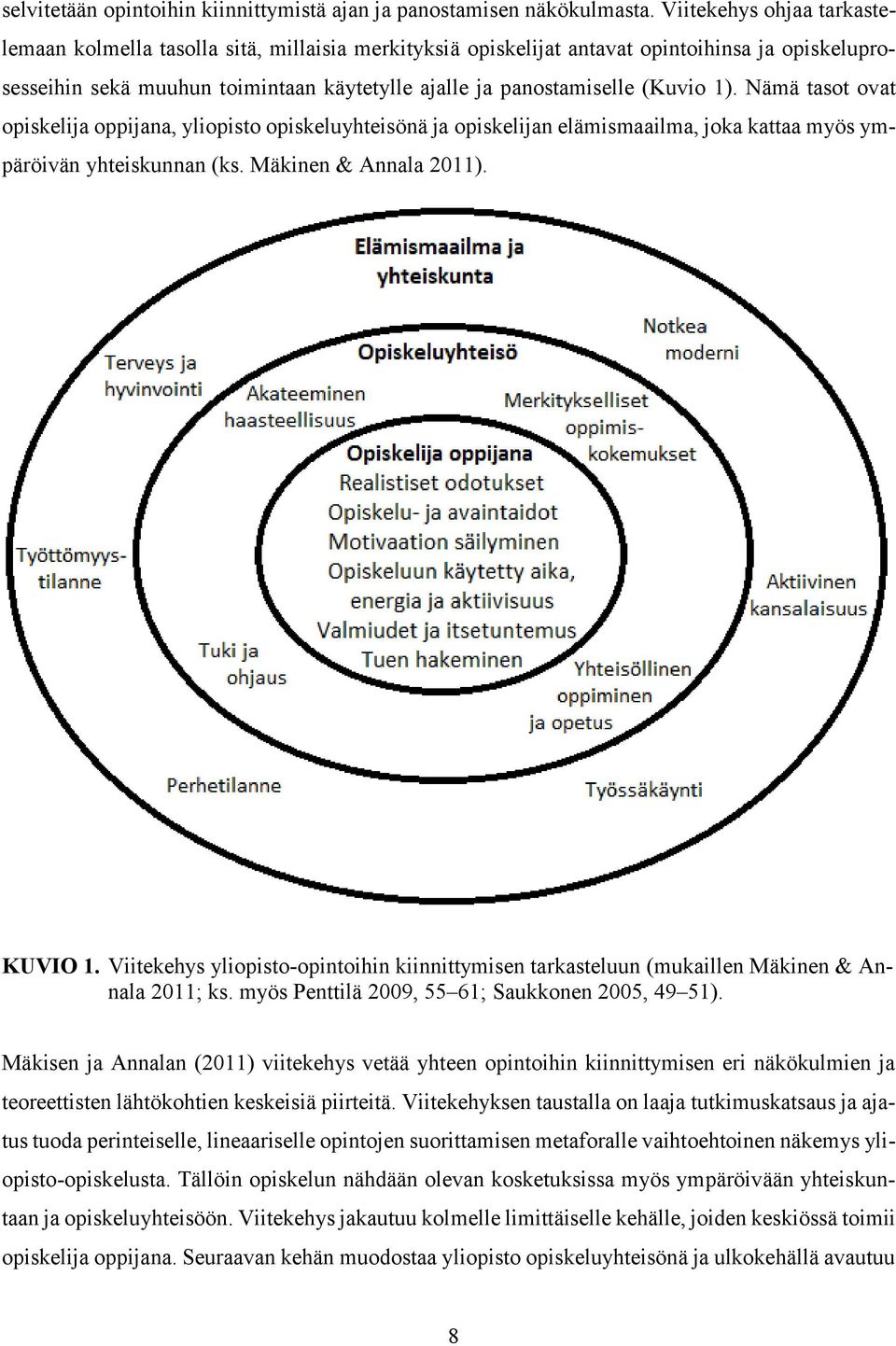 1). Nämä tasot ovat opiskelija oppijana, yliopisto opiskeluyhteisönä ja opiskelijan elämismaailma, joka kattaa myös ympäröivän yhteiskunnan (ks. Mäkinen & Annala 2011). KUVIO 1.