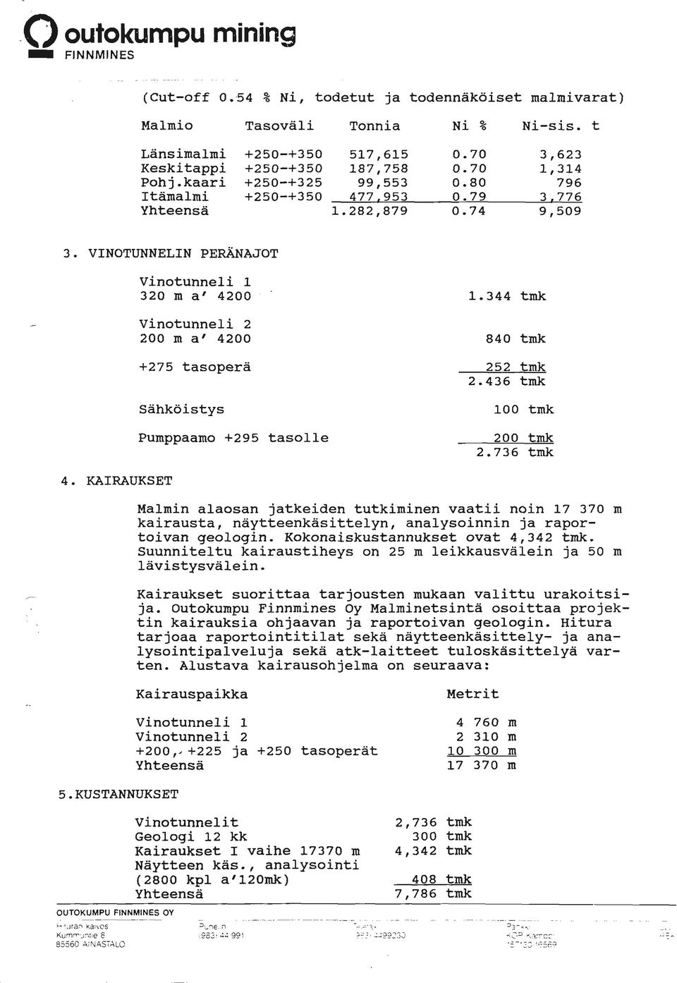 KAIRAUKSET Vinotunneli 1 320 m af 4200 ' Vinotunneli 2 200 m a8 4200 +275 tasopera Sahköistys Pumppaamo +295 tasolle 1.344 tmk 840 tmk 252 tmk 2.436 tmk 100 tmk 200 tmk 2.