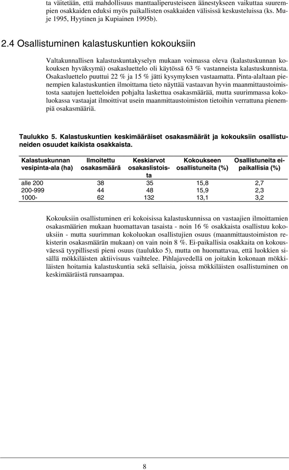 4 Osallistuminen kalastuskuntien kokouksiin Valtakunnallisen kalastuskuntakyselyn mukaan voimassa oleva (kalastuskunnan kokouksen hyväksymä) osakasluettelo oli käytössä 63 % vastanneista