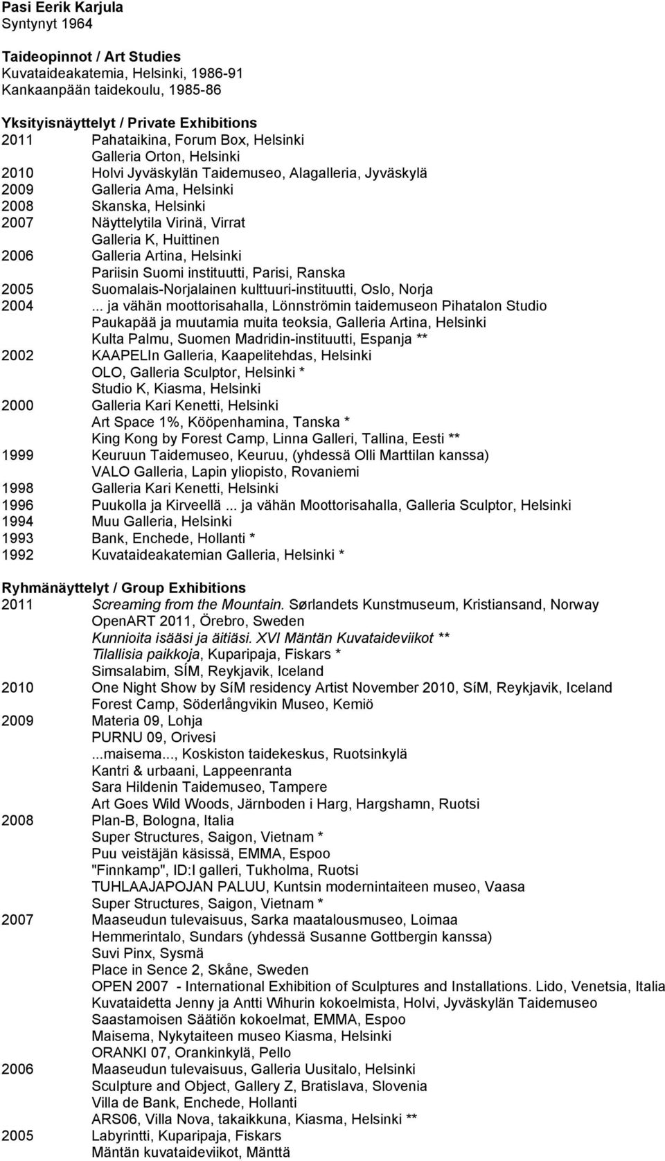 2006 Galleria Artina, Helsinki Pariisin Suomi instituutti, Parisi, Ranska 2005 Suomalais-Norjalainen kulttuuri-instituutti, Oslo, Norja 2004.