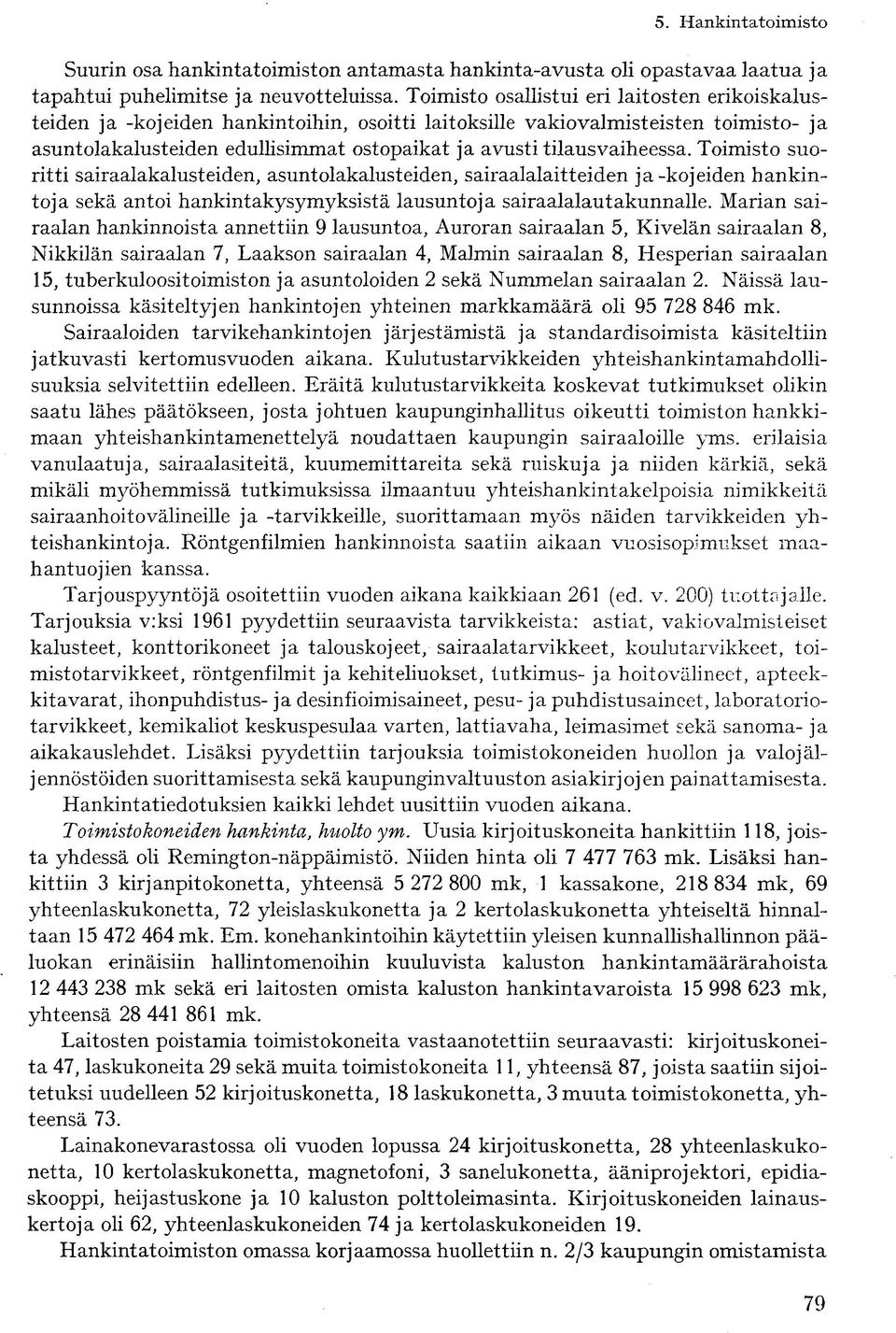 tilausvaiheessa. Toimisto suoritti sairaalakalusteiden, asuntolakalusteiden, sairaalalaitteiden ja-kojeiden hankintoja sekä antoi hankintakysymyksistä lausuntoja sairaalalautakunnalle.