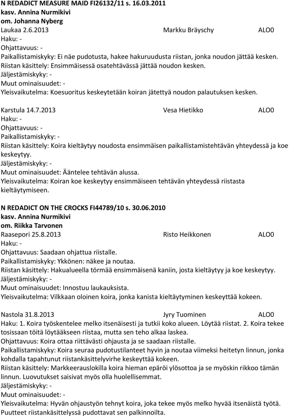 2013 Vesa Hietikko ALO0 Ohjattavuus: - Riistan käsittely: Koira kieltäytyy noudosta ensimmäisen paikallistamistehtävän yhteydessä ja koe keskeytyy. Muut ominaisuudet: Ääntelee tehtävän alussa.