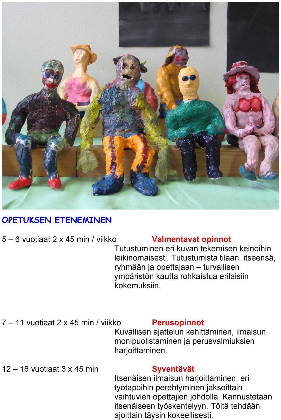 7 11 vuotiaat 2 x 45 min / viikko Perusopinnot Kuvallisen ajattelun kehittäminen, ilmaisun monipuolistaminen ja perusvalmiuksien harjoittaminen.
