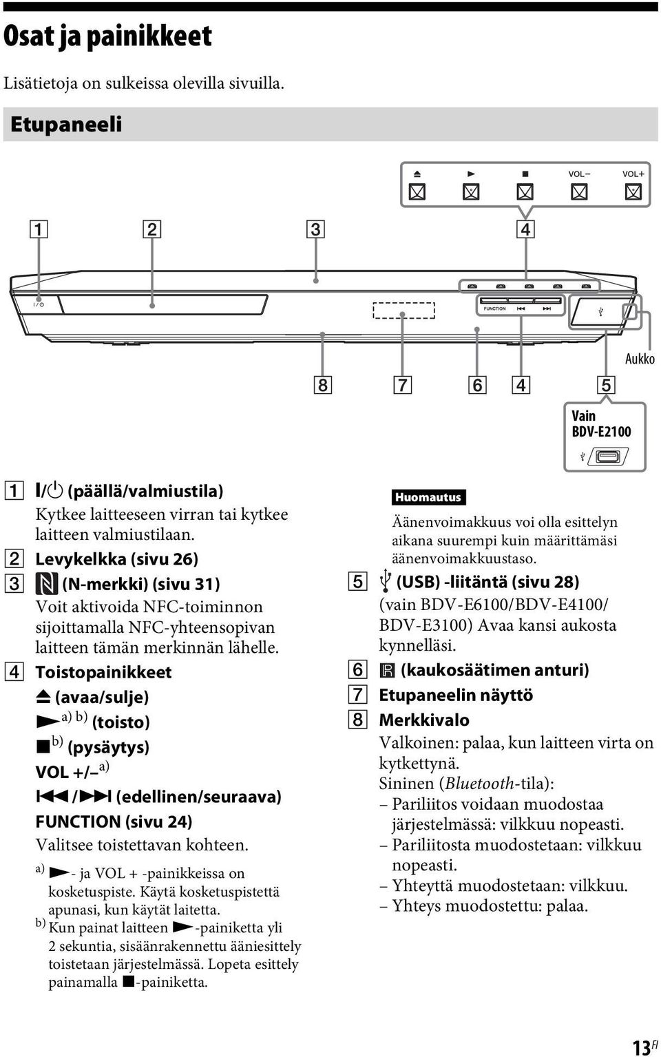 D Toistopainikkeet Z (avaa/sulje) N a) b) (toisto) x b) (pysäytys) VOL +/ a)./> (edellinen/seuraava) FUNCTION (sivu 24) Valitsee toistettavan kohteen. a) N- ja VOL + -painikkeissa on kosketuspiste.