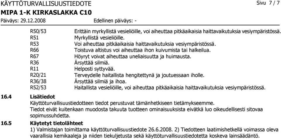 R36 Ärsyttää silmiä. R11 R20/21 Terveydelle haitallista hengitettynä ja joutuessaan iholle. R36/38 Ärsyttää silmiä ja ihoa.