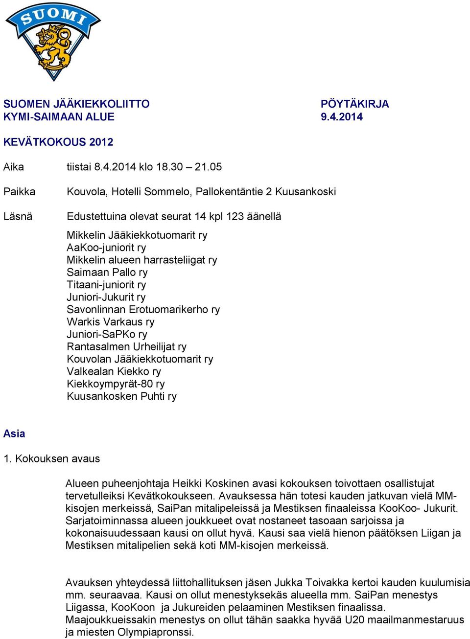 Saimaan Pallo ry Titaani-juniorit ry Juniori-Jukurit ry Savonlinnan Erotuomarikerho ry Warkis Varkaus ry Juniori-SaPKo ry Rantasalmen Urheilijat ry Kouvolan Jääkiekkotuomarit ry Valkealan Kiekko ry