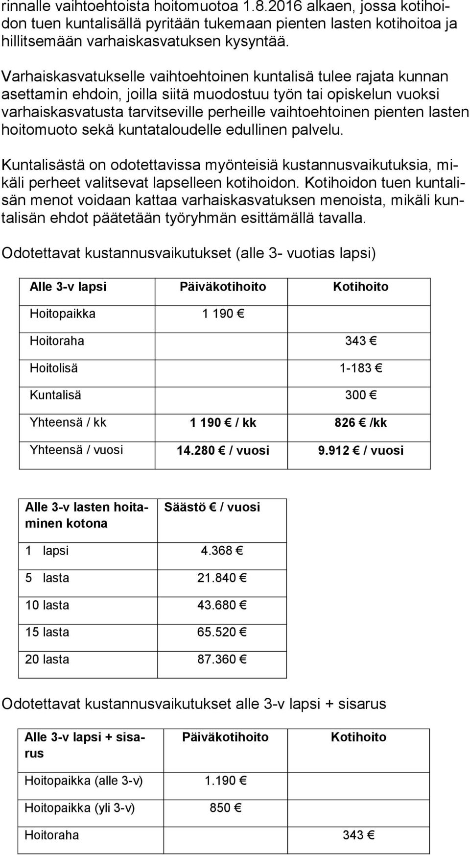 pienten las ten hoitomuoto sekä kuntataloudelle edullinen palvelu. Kuntalisästä on odotettavissa myönteisiä kustannusvaikutuksia, mikä li perheet valitsevat lapselleen kotihoidon.