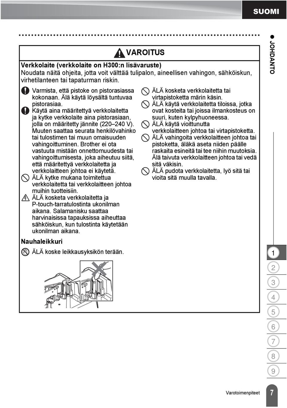 Käytä aina määritettyä verkkolaitetta ja kytke verkkolaite aina pistorasiaan, jolla on määritetty jännite (0 0 V).