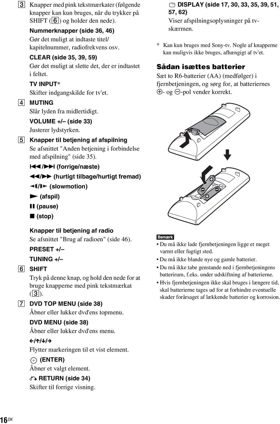 TV INPUT* Skifter indgangskilde for tv'et. D MUTING Slår lyden fra midlertidigt. VOLUME +/ (side 33) Justerer lydstyrken.