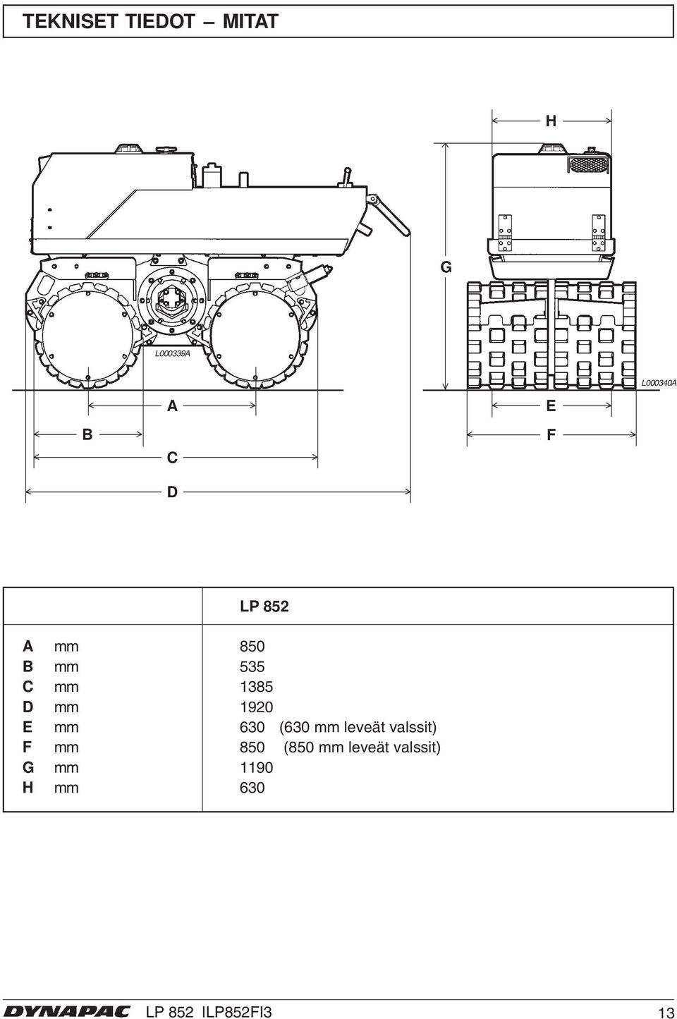 mm 630 (630 mm leveät valssit) F mm 850 (850 mm